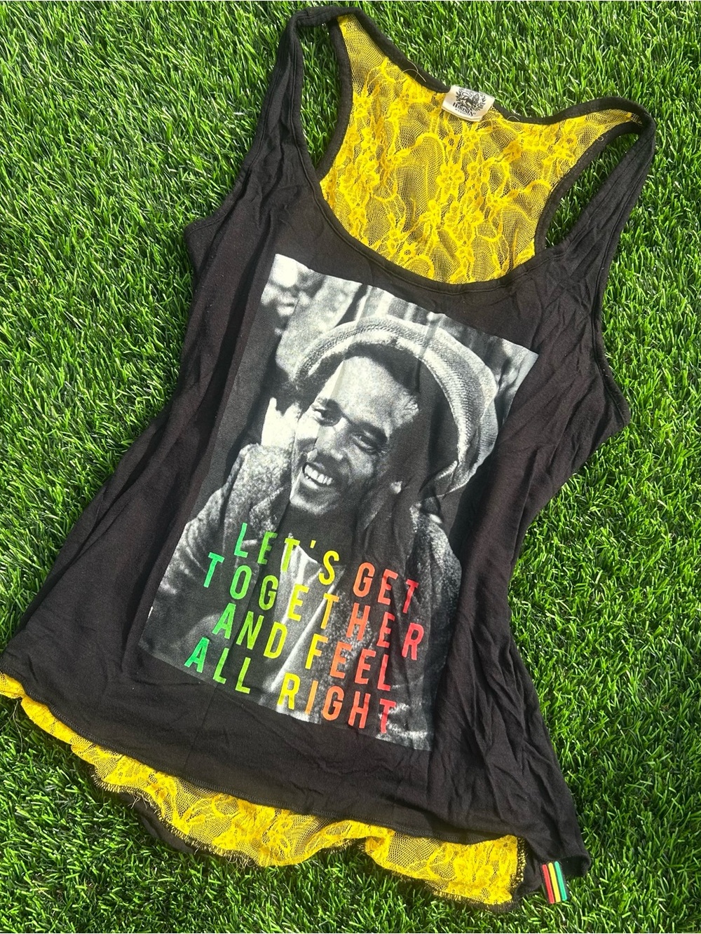 Bob Marley Graphic Lace-Back Tank Top - Black & Yellow